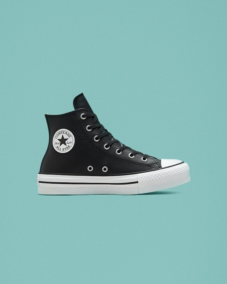 Chlapecké Boty Na Platformy Converse Chuck Taylor All Star Lift Læder Vysoké Černé Béžový Bílé | CZ XHBA30